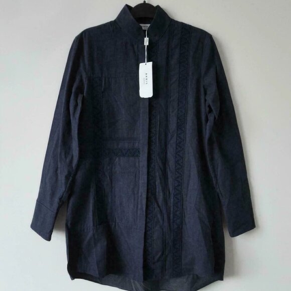 NWT AKRIS Blue Denim Cotton Lace Embroidery Stand Collar Tunic Blouse Top 4 - Picture 6 of 9